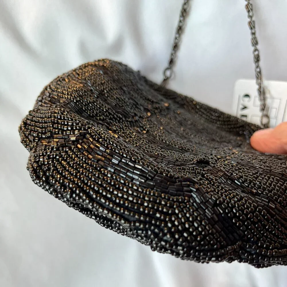 Carlo Fellini Black Formal Evening Bag Detailed Beadwork Clutch w  Chain NWT - Picture 8 of 12